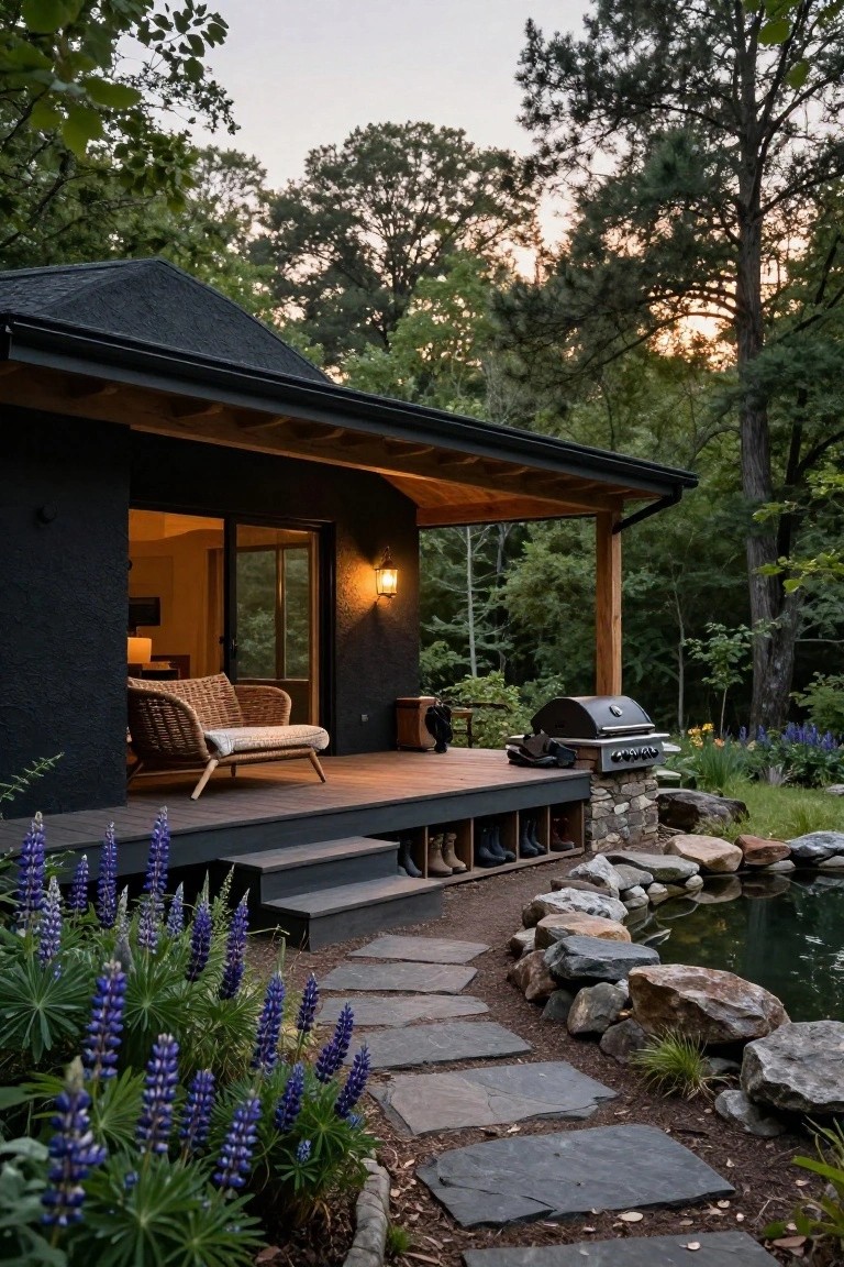 Black-sided cabin with wooden deck and porch overlooking a rock-lined pond, featuring a grill, rattan chair, boot storage cubbies under the stairs, and purple lupine flowers along a stone path.