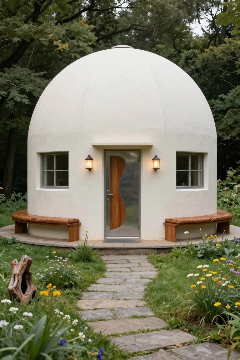White rounded dome house exterior with metallic wavy door, flanked by curved wooden benches on a stone path amid garden flowers and trees.