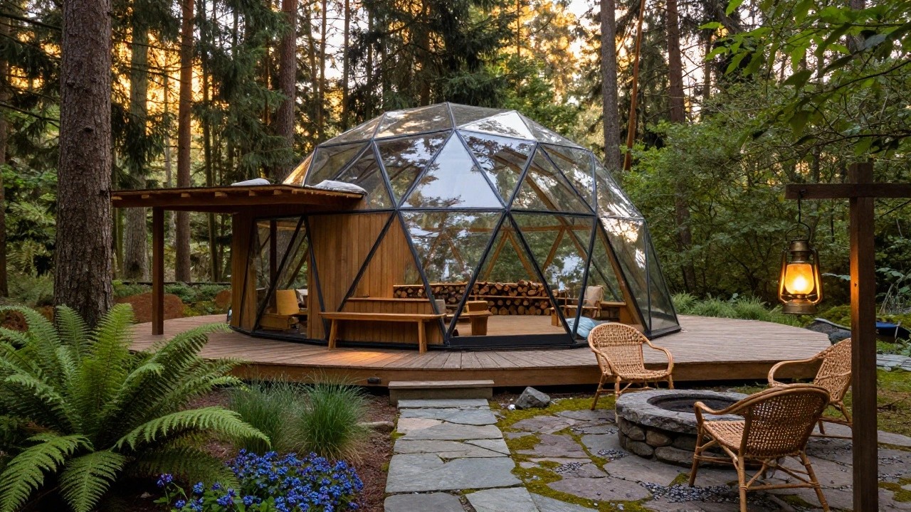 Pyramid-shaped geodesic dome home made of glass panels on a wooden deck in a forest, with firewood stacked inside, wicker chairs and stone fire pit on the deck, and a stone path with plants leading up.