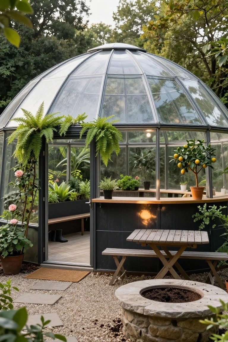 Gravel patio with central circular stone fire pit, wooden picnic table and benches, adjacent to open door of black-framed glass geodesic dome greenhouse surrounded by potted plants and garden path.