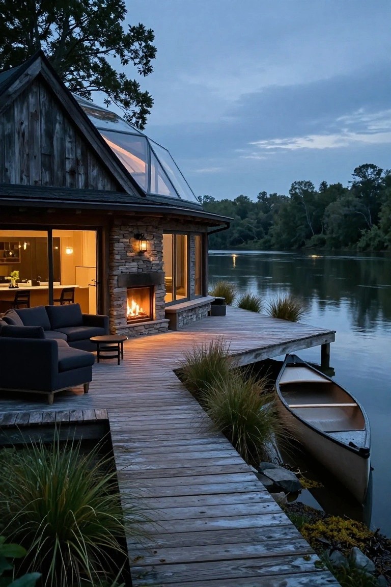 Wooden house exterior at dusk on a riverbank with a deck featuring navy outdoor sofas, stone fireplace, wooden walkway to dock, canoe, and ornamental grasses.