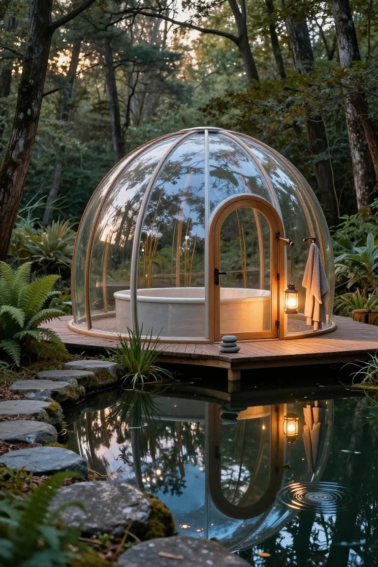 Transparent geodesic dome enclosing a white hot tub on a wooden deck over a pond in a forested area, with surrounding plants, stepping stones, a lantern, and a towel hanging nearby.