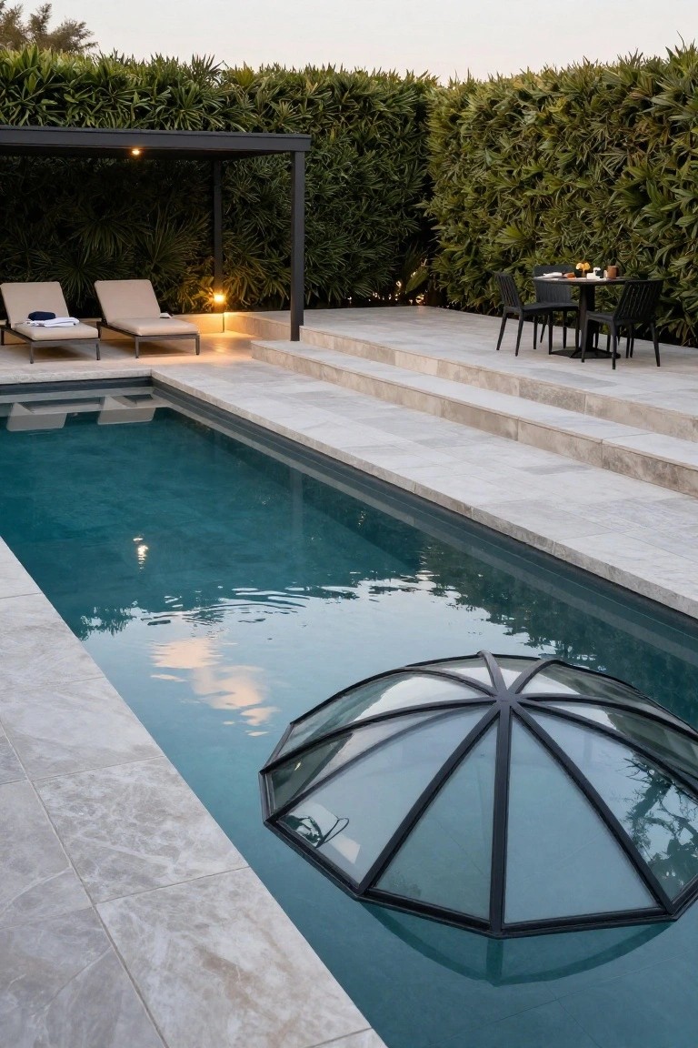 Outdoor pool with a hemispherical glass dome cover over one end, travertine decking, lounge chairs under a pergola, dining table, and tall green hedges surrounding the area.