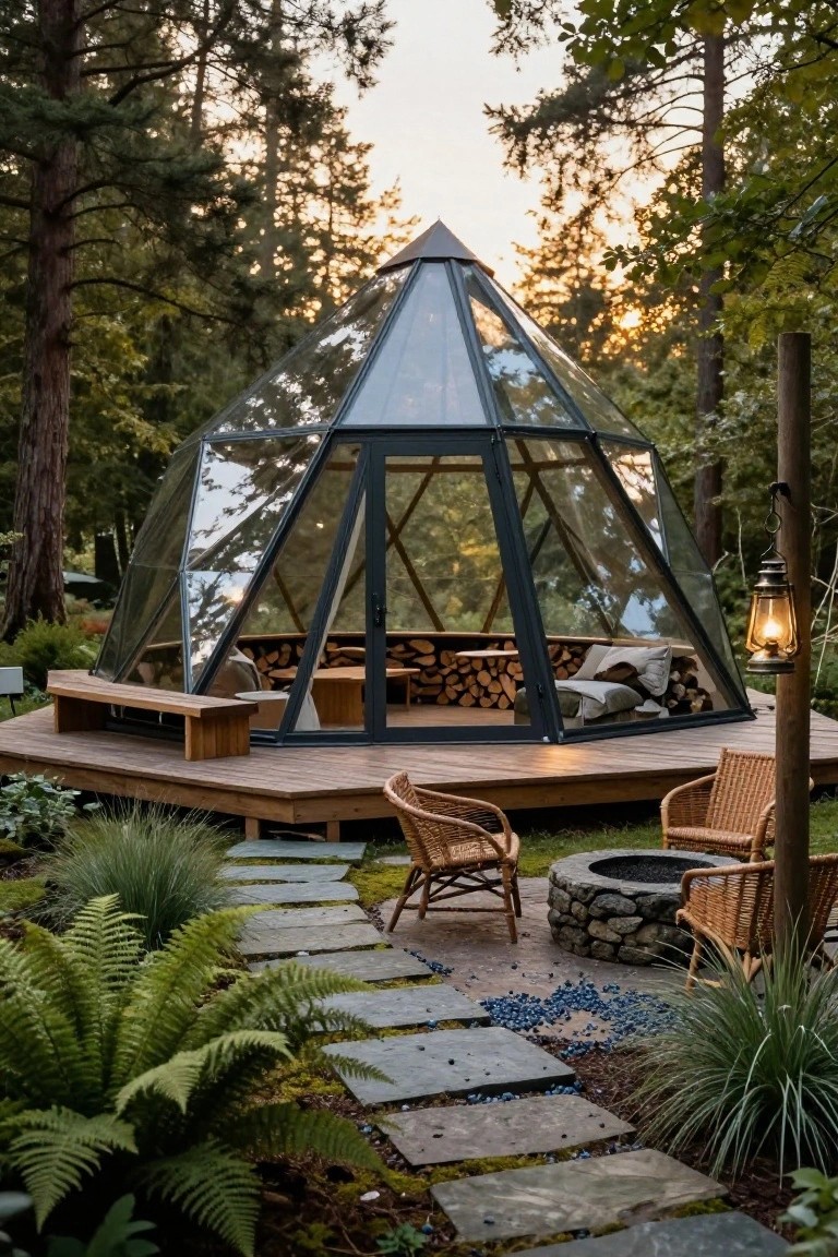 Pyramid-shaped geodesic dome home made of glass panels on a wooden deck in a forest, with firewood stacked inside, wicker chairs and stone fire pit on the deck, and a stone path with plants leading up.