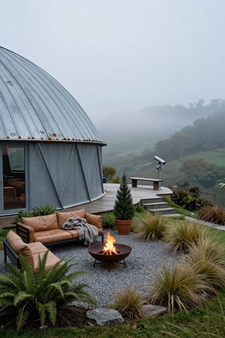 Curved silver geodesic dome house with glass doors on a wooden deck next to a gravel patio with beige L-shaped sofa, round metal fire pit, potted plants, grasses, ferns, and a misty valley backdrop.