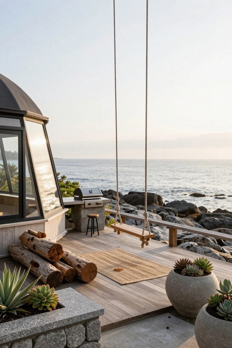 Wooden deck area featuring a hanging rope swing seat over rocky oceanfront, with a barbecue on a stone counter, potted succulents, log stacks, and a geodesic dome structure nearby.