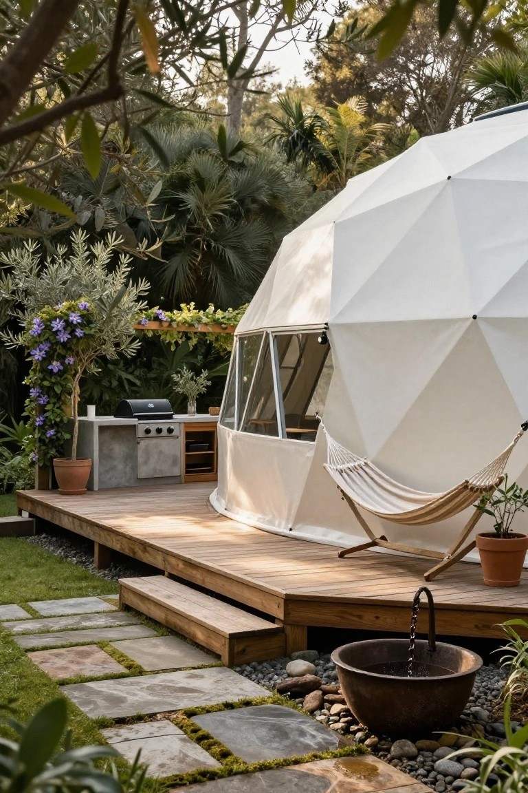 White geodesic dome on wooden deck with concrete grill counter, hanging hammock, potted plants, stone path, and surrounding tropical greenery.