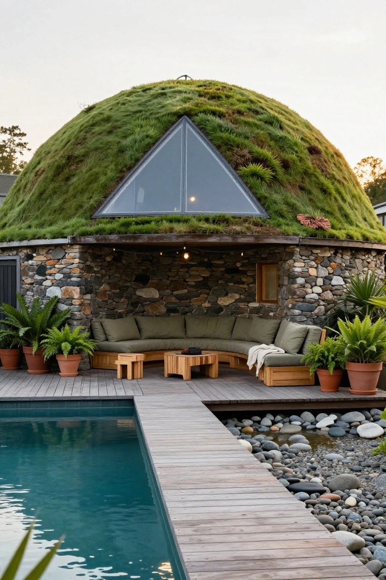 Geodesic dome home with grass-covered roof and stone walls contains an outdoor seating nook with green L-shaped sofa, wood tables, potted plants on a wooden deck adjacent to a rectangular pool with pebble shoreline.