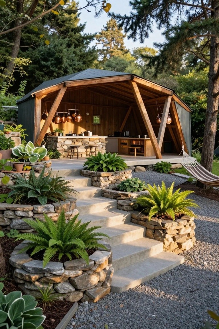 Wooden hexagonal pavilion structure with open sides, stone bar counter, hanging copper pots and lights, flanked by potted plants and stone steps in a forested garden with gravel paths and a hammock.