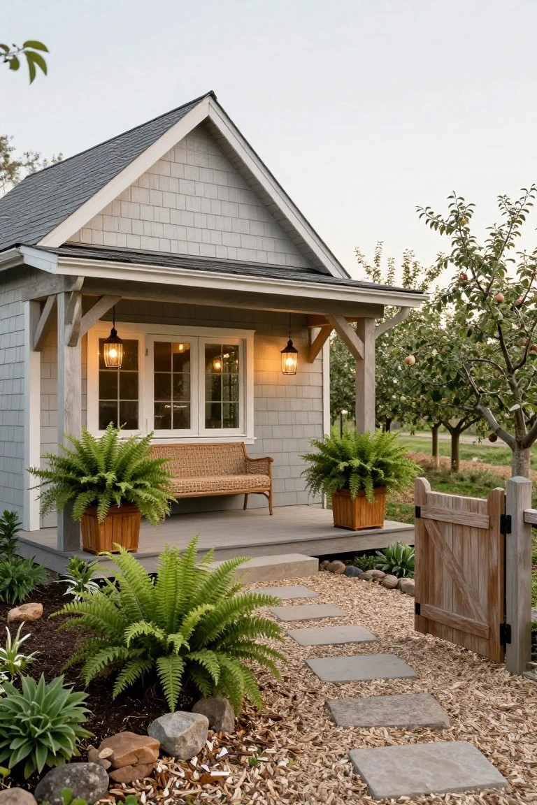 Gray shingled gable-roof cottage with covered wooden porch supporting a rattan bench flanked by large potted ferns, lit lanterns and windows, stone path leading to wooden gate amid gravel, rocks, and garden plants.