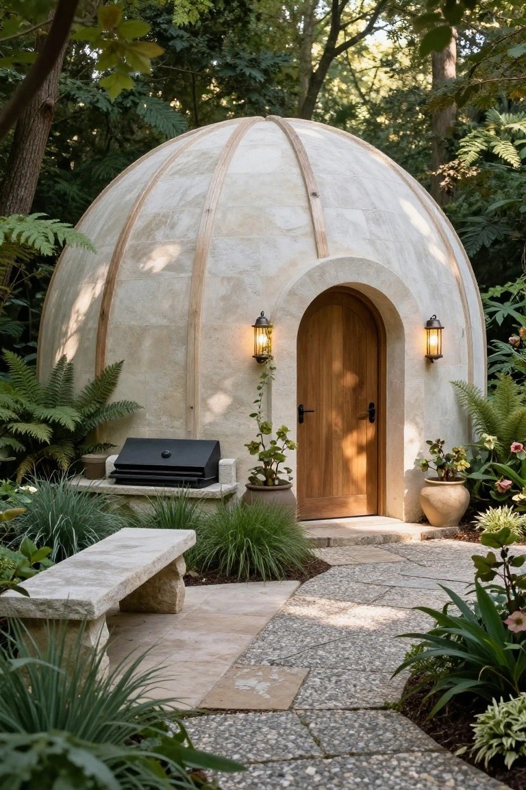 Beige stucco geodesic dome home with curved wooden beams, arched wooden door flanked by two lanterns, stone bench, black barbecue grill, potted plants, and lush greenery along a pebbled path.