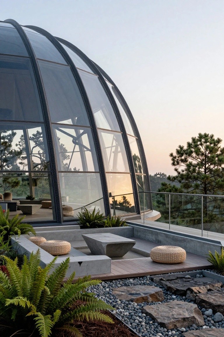 Curved glass-paneled geodesic dome structure with adjacent elevated wooden deck terrace holding woven poufs, concrete table, ferns, and pebble-rock hardscaping amid pine trees at sunset.