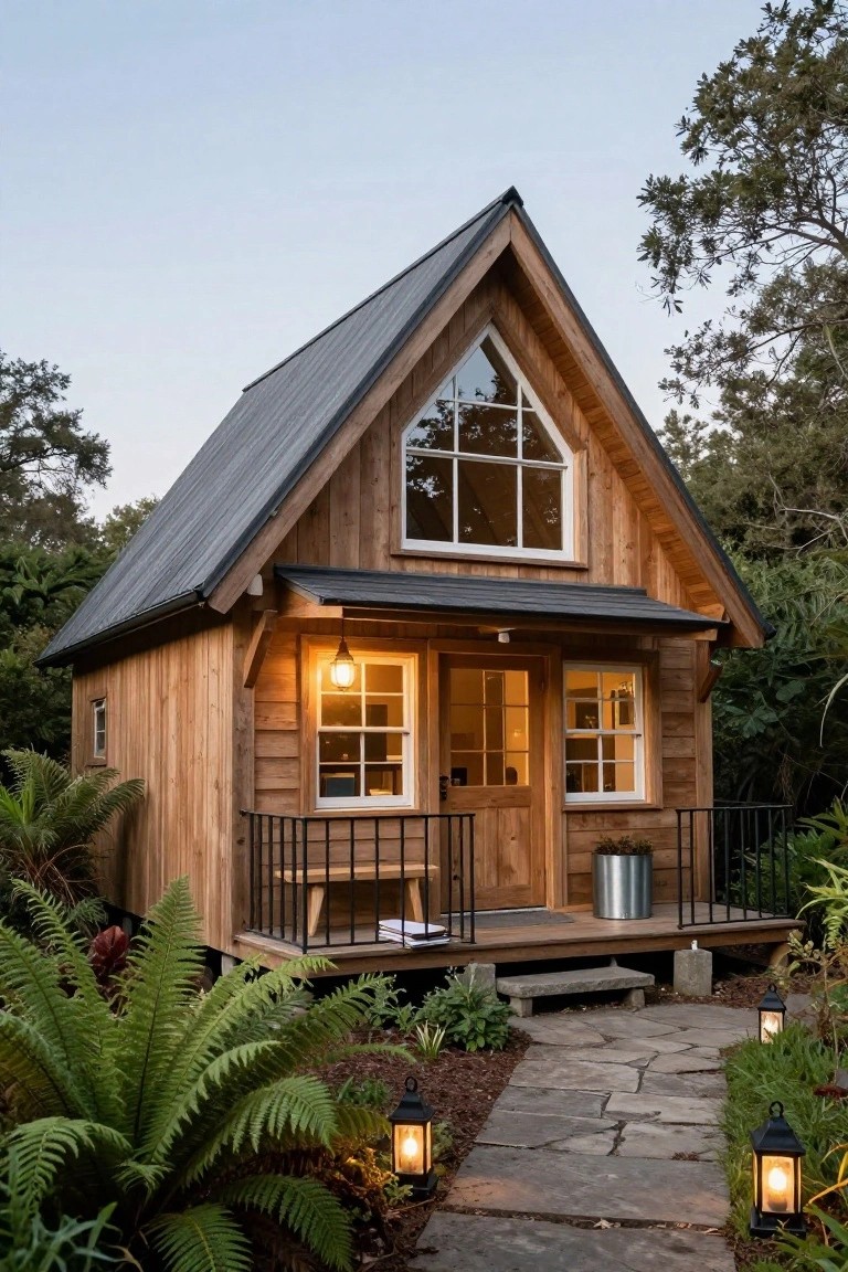 Small wooden A-frame cabin with dark metal roof, large triangular gable window, covered front porch with black metal railing, wooden bench, potted plant, and stone path lined with lanterns amid ferns and trees.