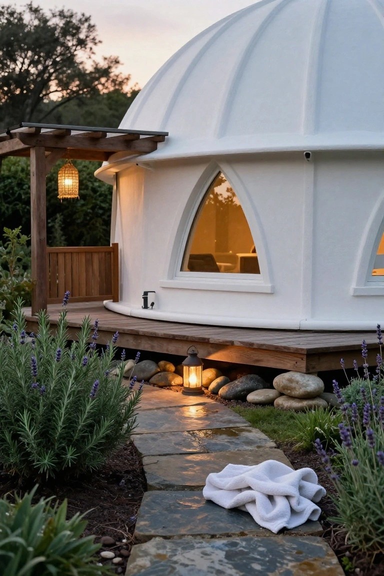 White geodesic dome home on a wooden deck with arched windows, surrounded by lavender plants, rocks, lanterns, and a stone path leading to it at dusk.