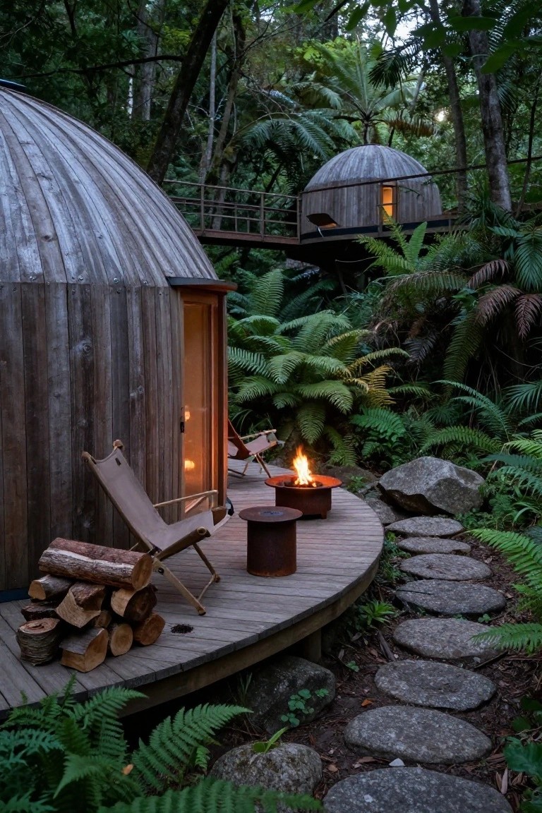 A wooden geodesic dome cabin with curved deck in lush green forest, featuring two canvas chairs, stacked firewood, two lit metal fire bowls, and a stone stepping path nearby, with another dome connected by bridge in background.