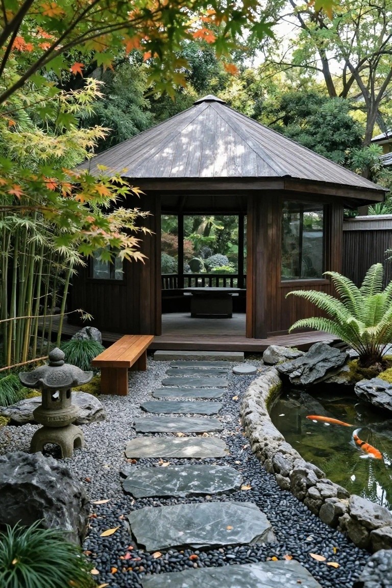 Wooden pavilion with pagoda-style roof in a garden, featuring a stone path, koi pond, stone lantern, bench, bamboo, ferns, and autumn maples.