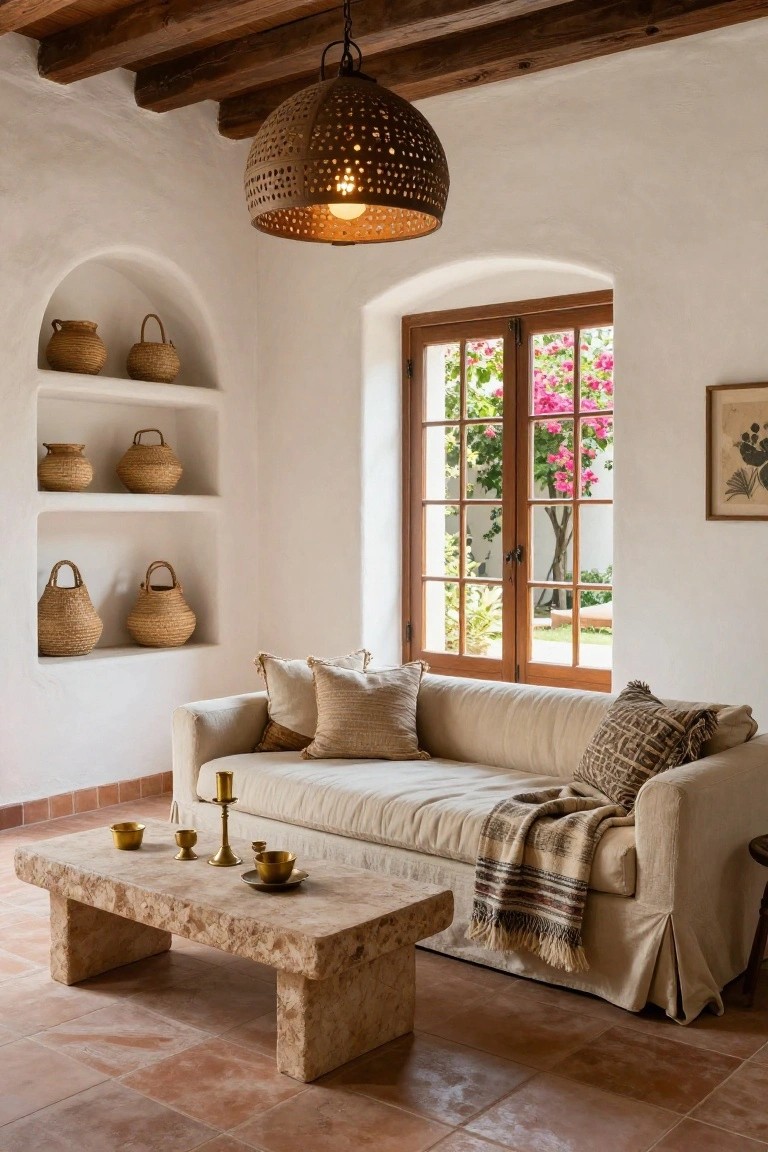 Hacienda-style living room interior with white curved walls and arched niches holding woven baskets, beige linen sofa with pillows and throw blanket, low stone coffee table with brass cups and candlesticks, wooden beamed ceiling, pendant light, and wooden French doors overlooking a garden with pink bougainvillea.