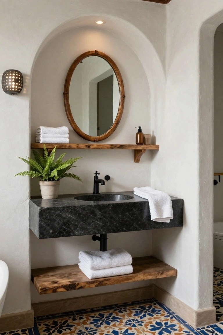 White plaster bathroom with arched niche holding round rattan mirror and upper wood shelf with towels, lower wood shelf with towels under black stone floating sink and potted fern, black faucet, and blue-orange tiled floor.