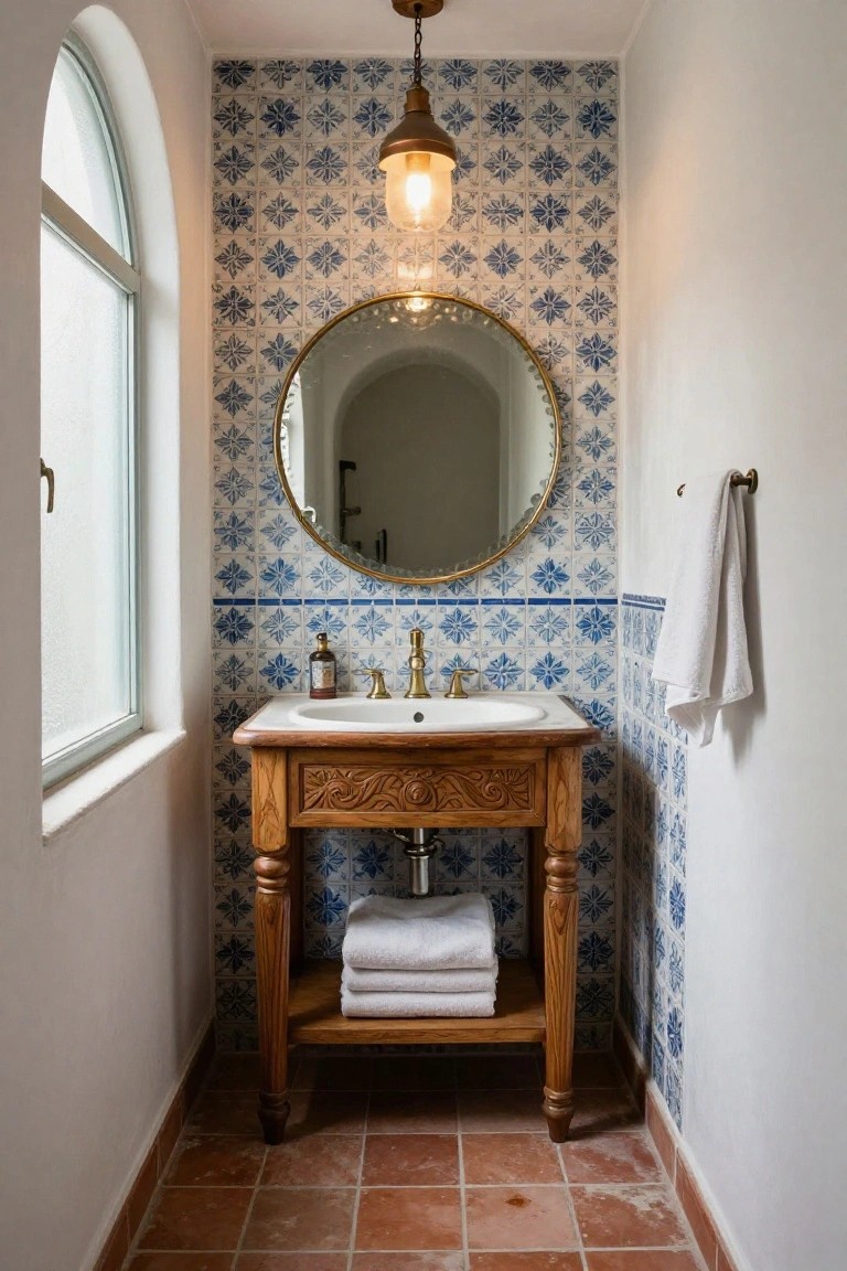 Small bathroom with blue and white floral patterned tile walls, arched window, gold-framed round mirror, wooden vanity sink, towels, and terracotta tile floor.
