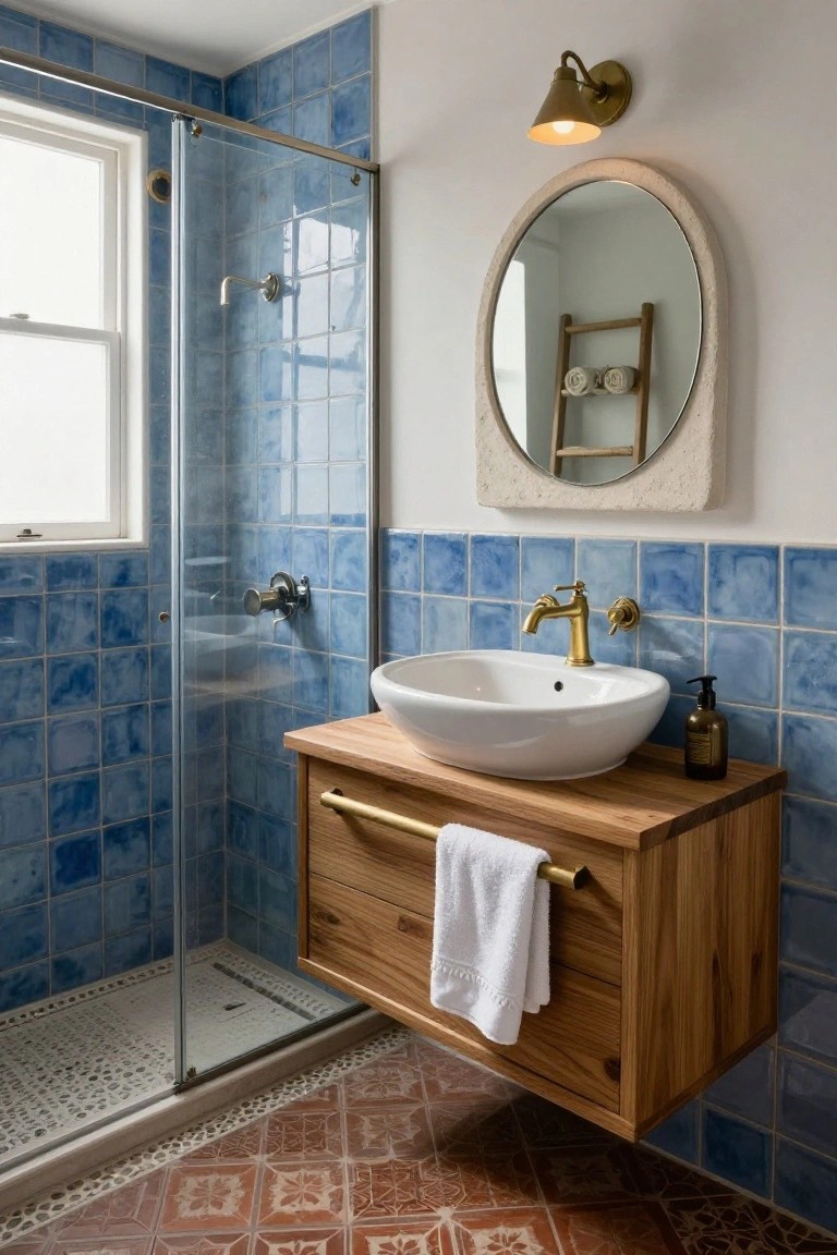 Compact bathroom with blue ceramic tiles on walls and in glass-enclosed shower, white round sink on floating wooden vanity with brass faucet and towel, oval mirror above ladder rack, wall sconce, and patterned terracotta tile floor.