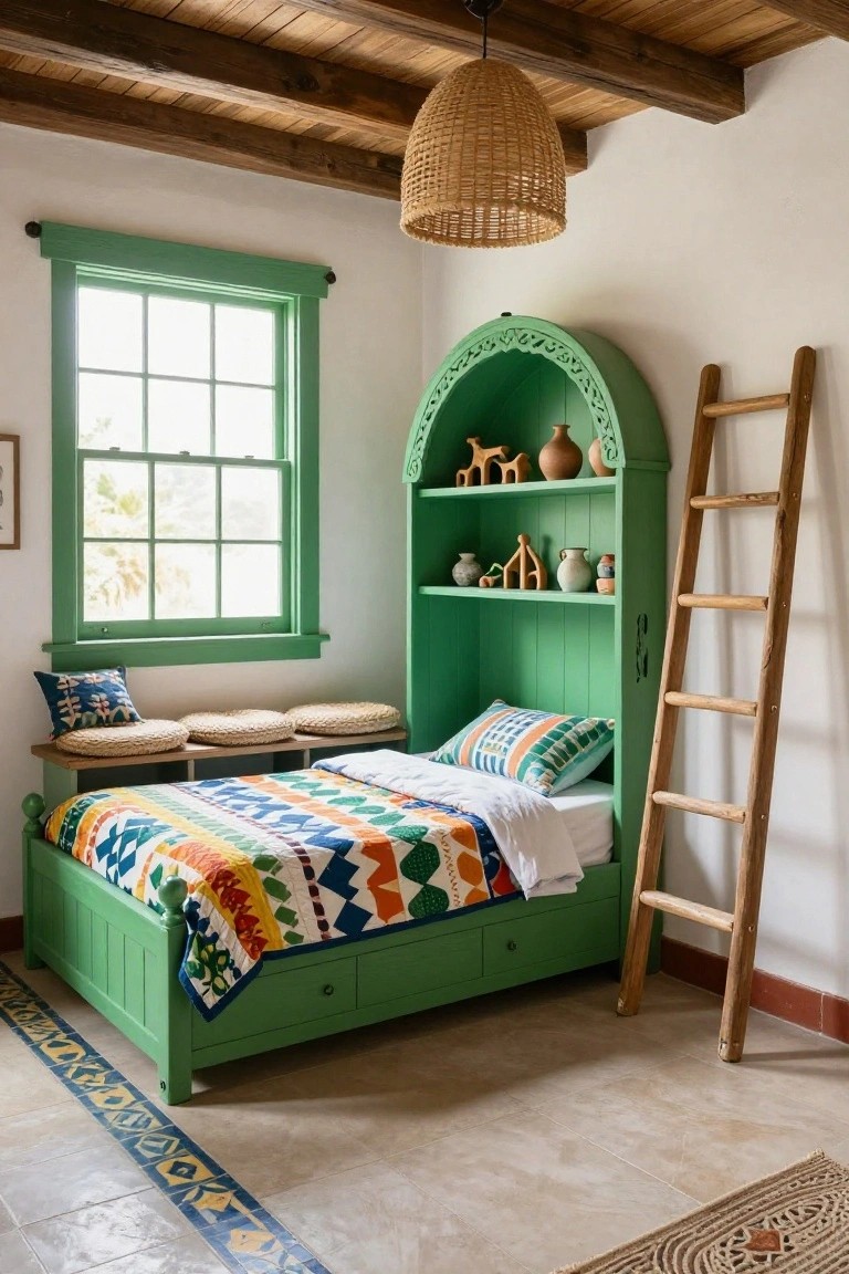 A children's bedroom with a green arched wooden built-in bed frame featuring integrated shelves, ladder, and drawers, colorful patterned bedding and pillows, seagrass seat cushions on a bench, green window frame, and woven pendant light.