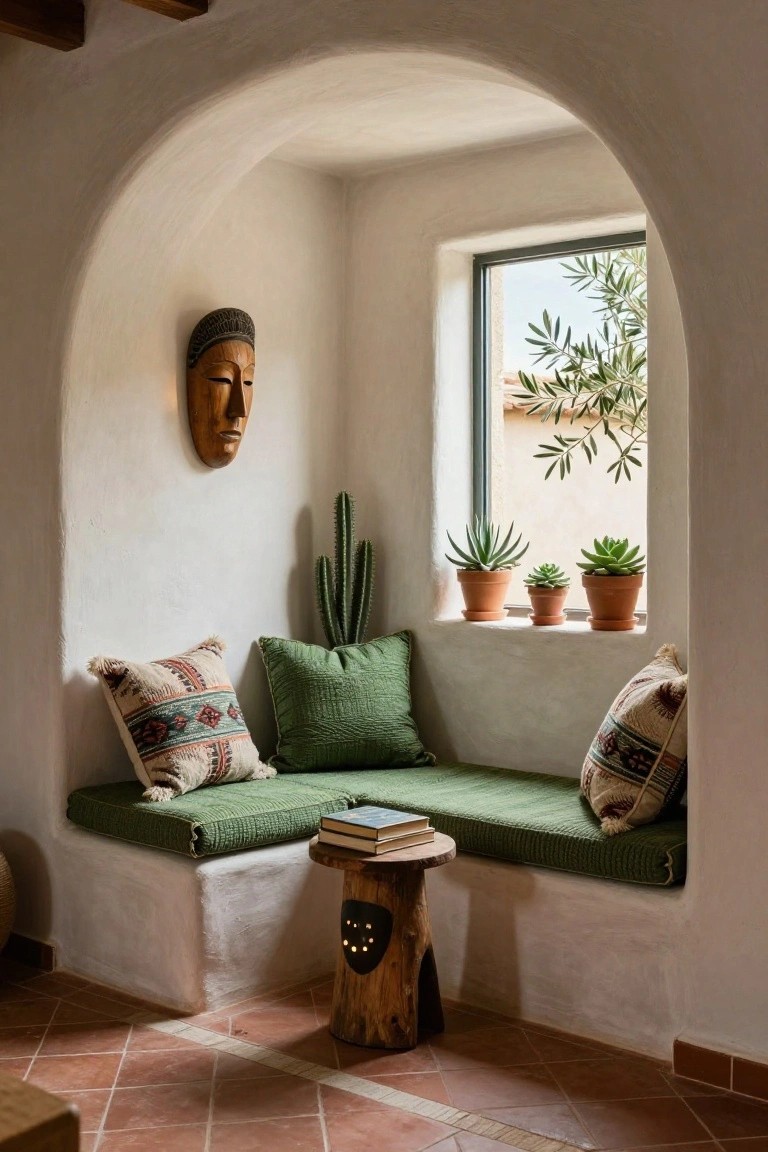 Arched white adobe interior nook with green cushioned window bench, patterned pillows, potted cactus and succulents on sill, wooden stool with stacked books, olive branch outside window, and wooden mask on wall above terracotta tile floor.