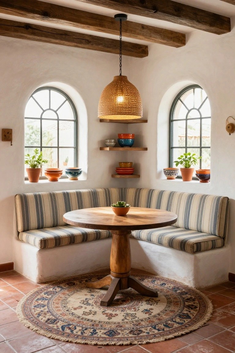 Corner nook with L-shaped blue-and-white striped banquette seating around a round wooden pedestal table, arched windows with potted plants, wooden shelves holding colorful bowls, rattan pendant light, white adobe walls, exposed wood beams, terracotta tile floor, and round Persian rug.