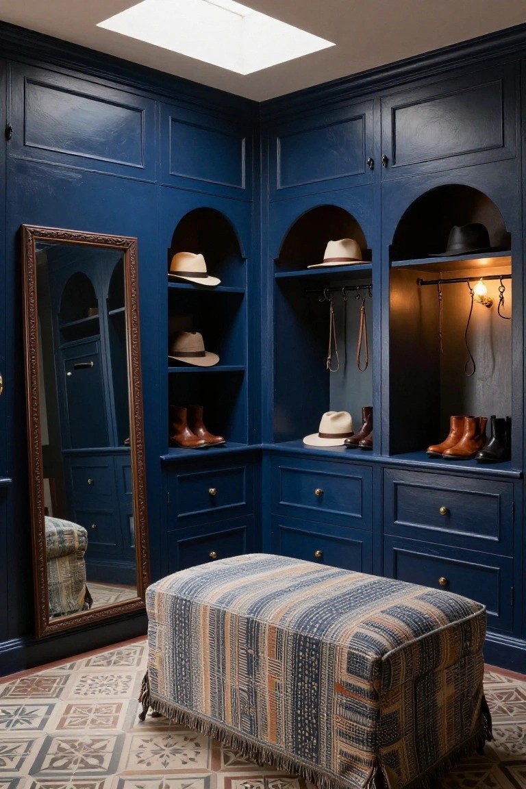 Corner walk-in closet featuring navy blue paneled built-in cabinetry with arched niches displaying hats and boots, an ornate full-length mirror, drawers, hanging rods, a striped upholstered bench, and terracotta tile flooring.