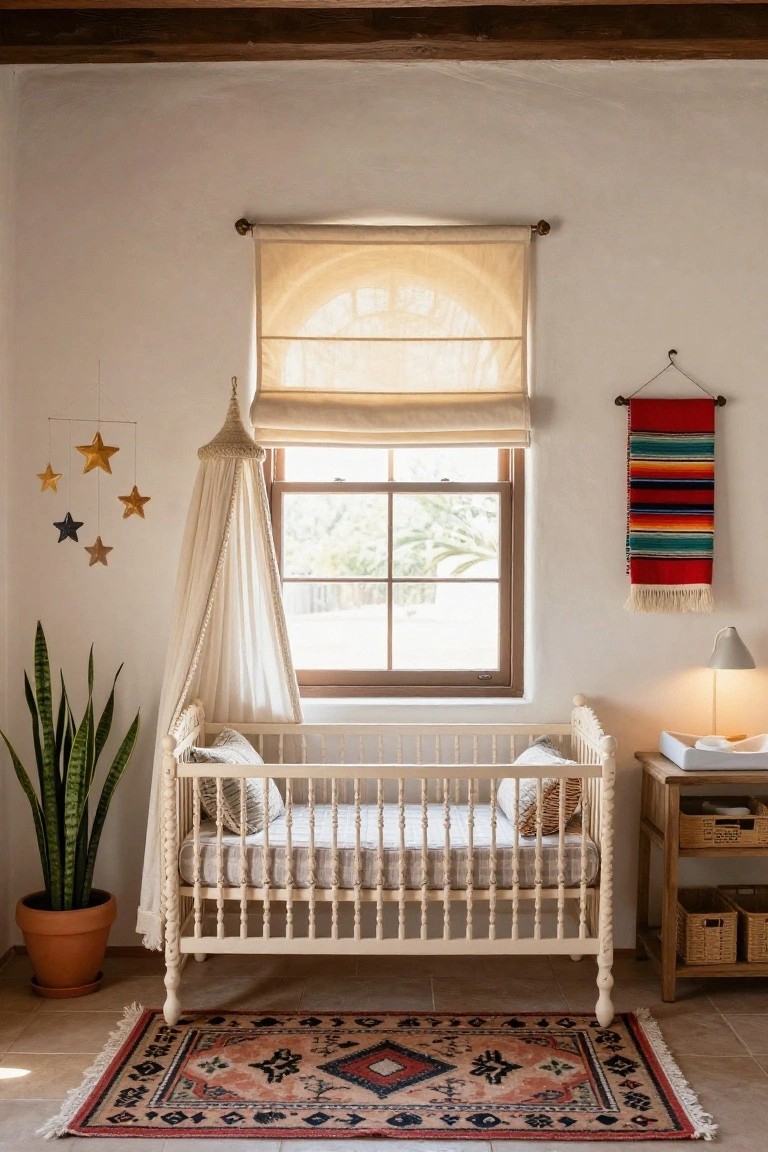 White wooden crib with sheer canopy draped over it in a light-colored adobe-style nursery room, next to a window with beige blinds, a red serape wall hanging, gold and navy star mobile, potted snake plant, and wooden changing table.