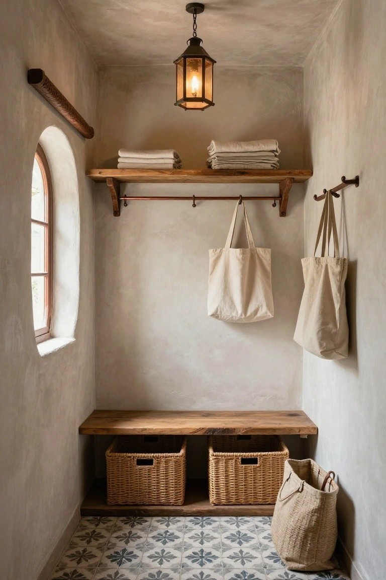 Narrow indoor alcove with wooden bench, two woven baskets underneath, wooden shelves holding folded linens above, canvas tote bags on hooks, arched window, plaster walls, hanging lantern light, and blue star-patterned tile floor.