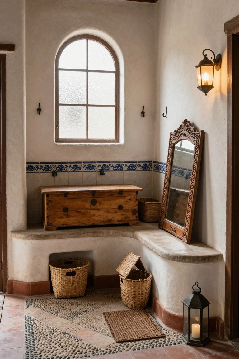 Corner of a hacienda-style interior with white adobe walls, blue tiled trim, arched window, ornate wooden mirror, wooden storage chest on built-in stone bench, woven baskets, lanterns, and stone-tiled floor with pebble accents.
