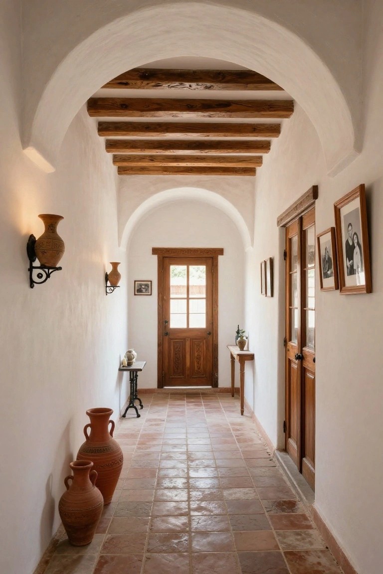 Narrow indoor hallway with white stucco arched walls and ceiling featuring dark exposed wooden beams, red terracotta tile floor, large terracotta pots, wall sconces shaped like vases, wooden doors, and framed photos on the walls.
