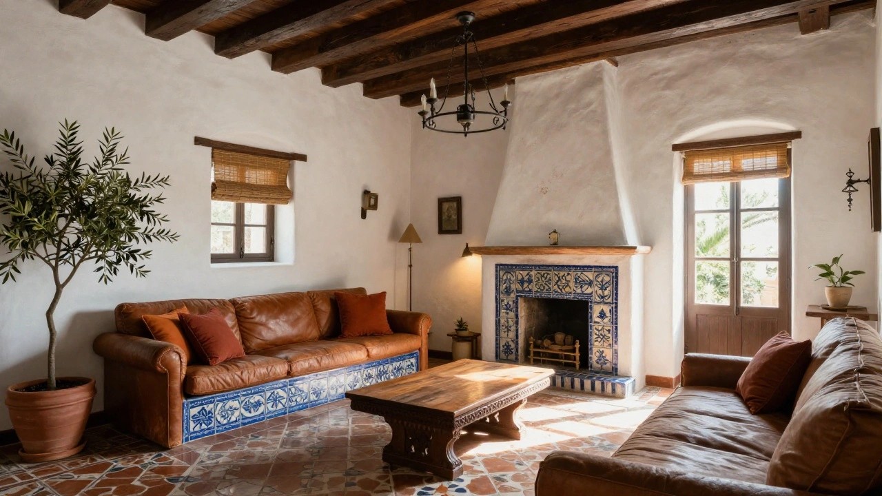 Hacienda-style living room interior with white stucco walls, exposed wooden beams, blue-and-white tiled fireplace, patterned terracotta tile floor, brown leather sofas, wooden coffee table, potted olive tree, and arched window with bamboo shade.