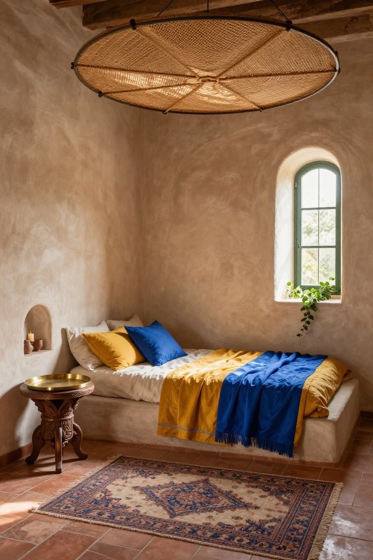 Small hacienda-style bedroom with beige textured plaster walls, low platform bed draped in yellow and blue bedding and pillows, large woven rattan pendant light, carved wooden side table with brass tray, arched green window with ivy plant, niche with candle and pots, and patterned rug on terracotta tile floor.
