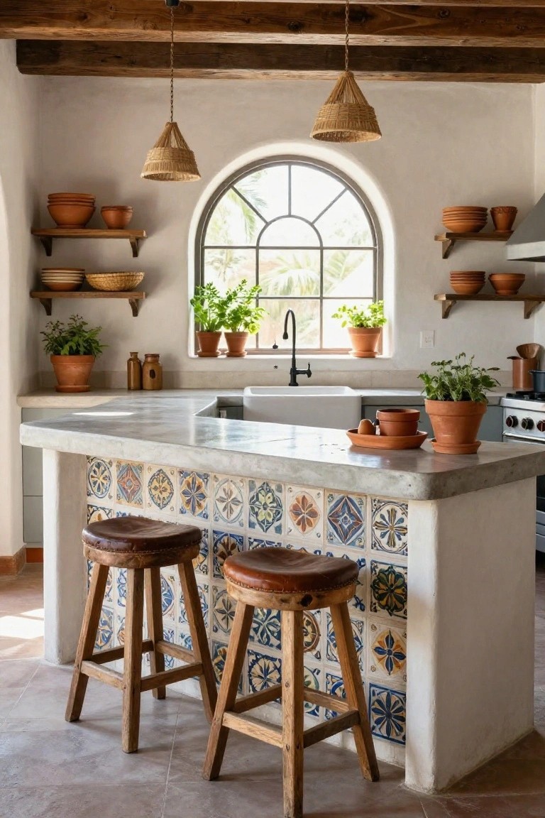 Hacienda-style kitchen interior featuring a white concrete island with colorful patterned ceramic tiles on the base, two leather-topped wood bar stools, terracotta pots with plants on shelves and counters, arched window with palm trees outside, and woven pendant lights.