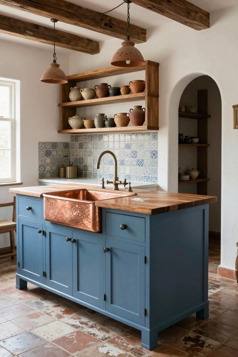Kitchen interior with central navy blue island featuring copper apron-front sink, wood countertop, blue tile backsplash, exposed wood beams, terracotta floor, and pottery shelves.