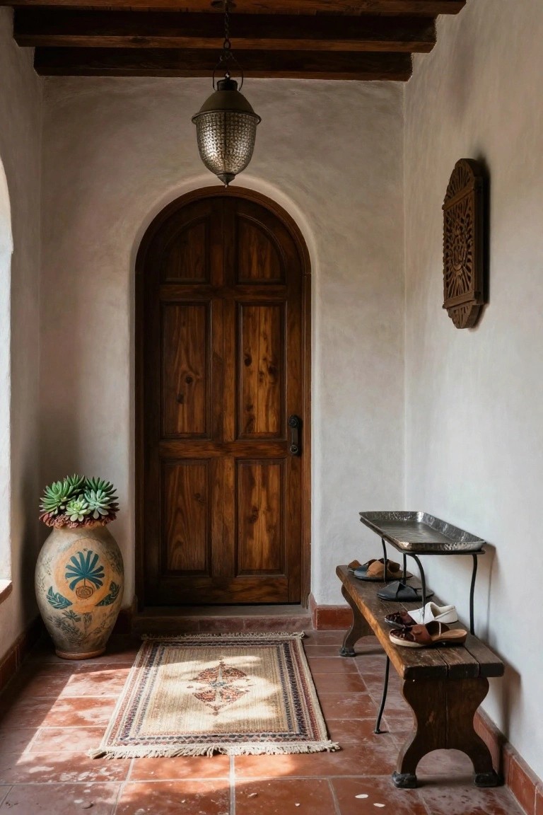 Arched wooden door in a hacienda-style entryway with white plaster walls, wooden ceiling beams, hanging metal lantern, rustic wooden bench with shoes on a metal tray below, large terracotta pot with succulents, and a patterned rug on terracotta tile floor.