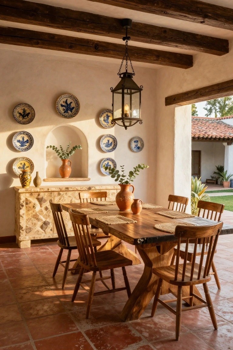 Covered terrace dining area with large wooden trestle table and chairs on terracotta tile floor, blue patterned plates on white walls, hanging lantern, niche with pottery and plants, open to garden with red tile roof.