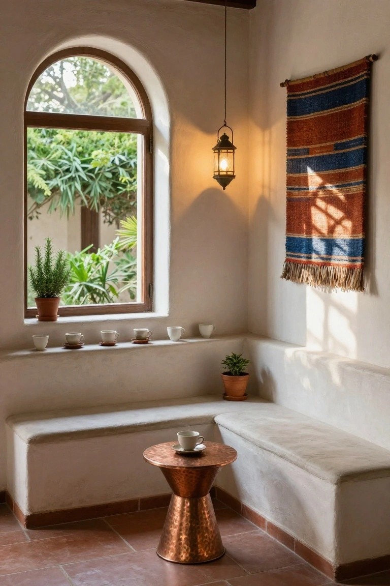 Hacienda-style interior corner with built-in white bench, small hammered copper table holding a white teacup and saucer, arched window overlooking greenery with potted plants and white teacups on the sill, hanging lantern, and woven orange and blue tapestry on the wall.