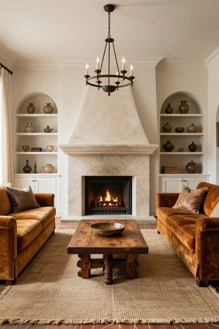 White-walled living room with stone fireplace flanked by arched shelves holding pottery and vases, two burnt orange velvet sofas facing across carved wooden coffee table on jute rug, black iron chandelier overhead.