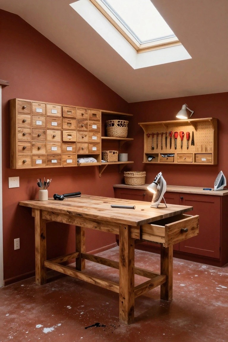 Workshop room interior with tall wooden cabinets featuring labeled drawers and shelves, wooden workbench, red walls, skylight, ironing board, tools, and baskets.