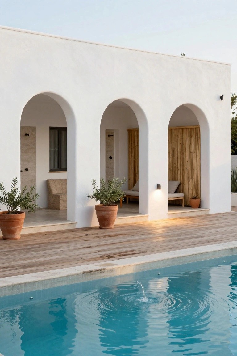 White stucco house exterior with three rounded arches opening onto a wooden deck featuring lounge seating, potted plants, and a turquoise pool with water ripples.