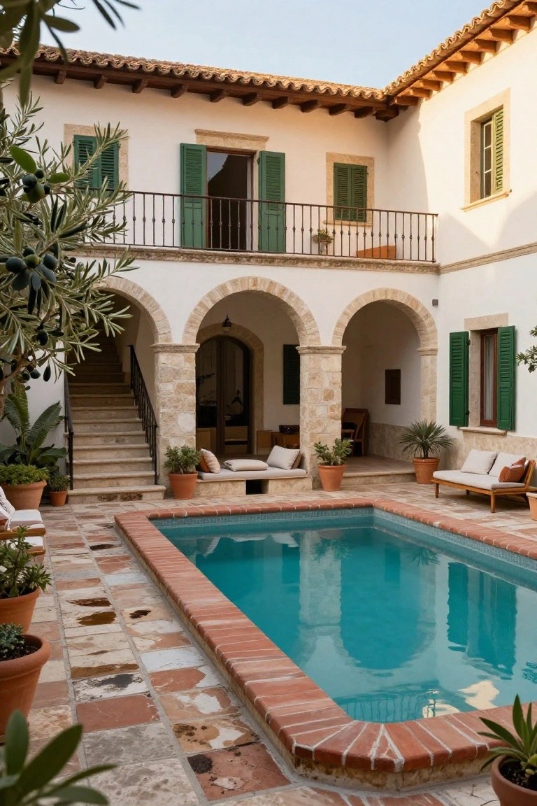 Courtyard with turquoise pool, arches, balcony, and potted plants.