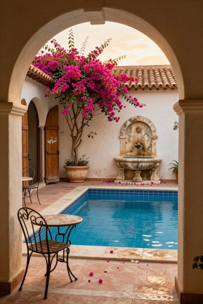 Arched stone doorway covered in pink bougainvillea framing a view of a small blue-tiled pool in a white courtyard with a stone fountain, potted tree, plants, scattered petals, and a metal bistro table with chair on terracotta tiles.