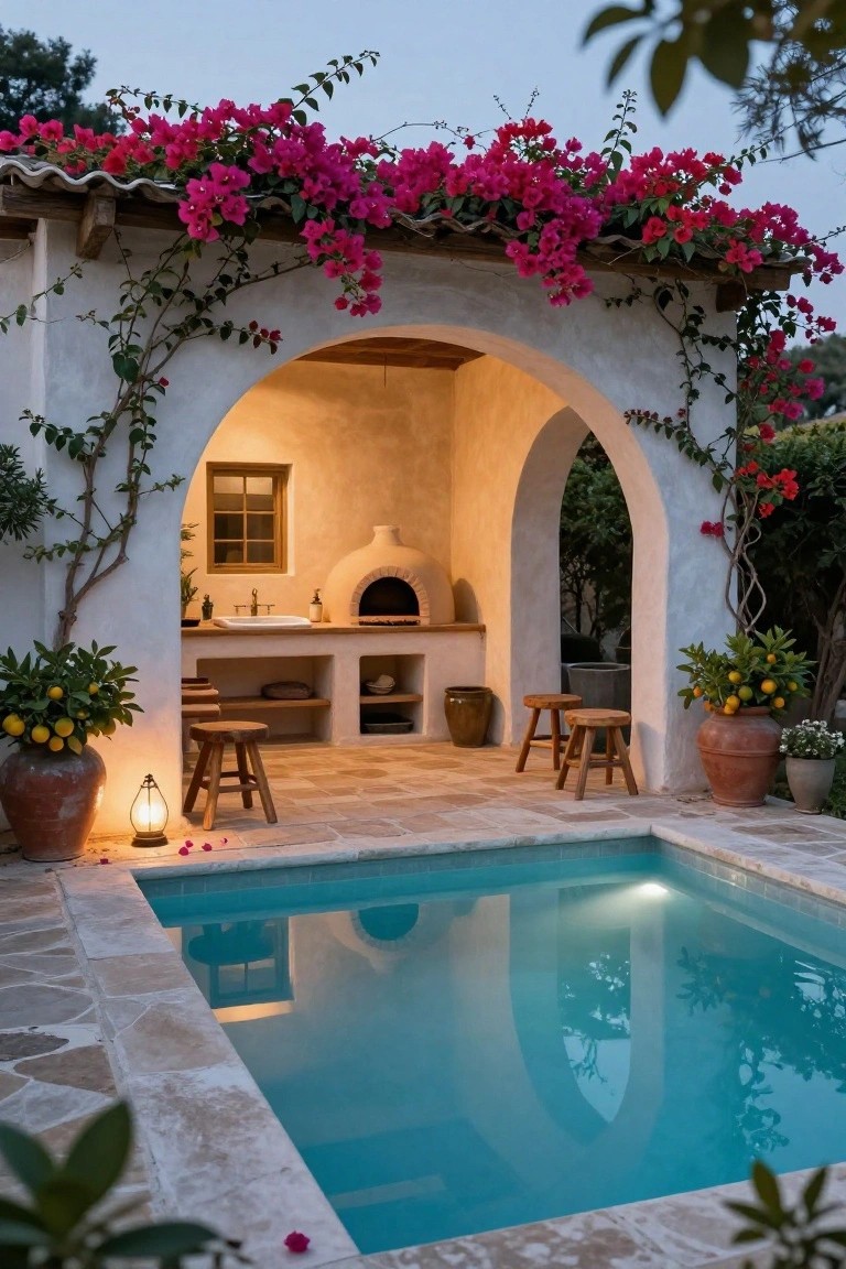 White stucco arched outdoor kitchen with wood-fired oven, sink, wooden stools, potted citrus trees, bougainvillea vines, and a small turquoise pool edged in stone tiles at dusk.