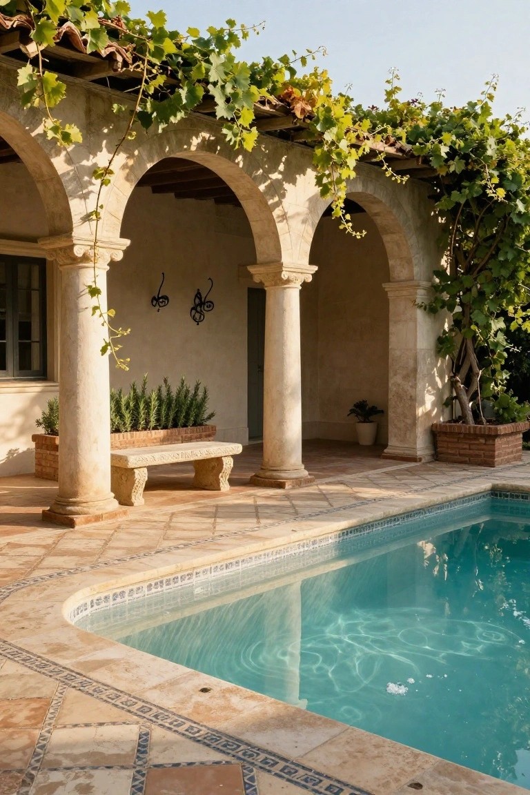 Stone arches covered in lush green grapevines form a shaded walkway along a pool terrace, with a carved stone bench, potted rosemary plants, and a turquoise pool edged in terracotta tiles.