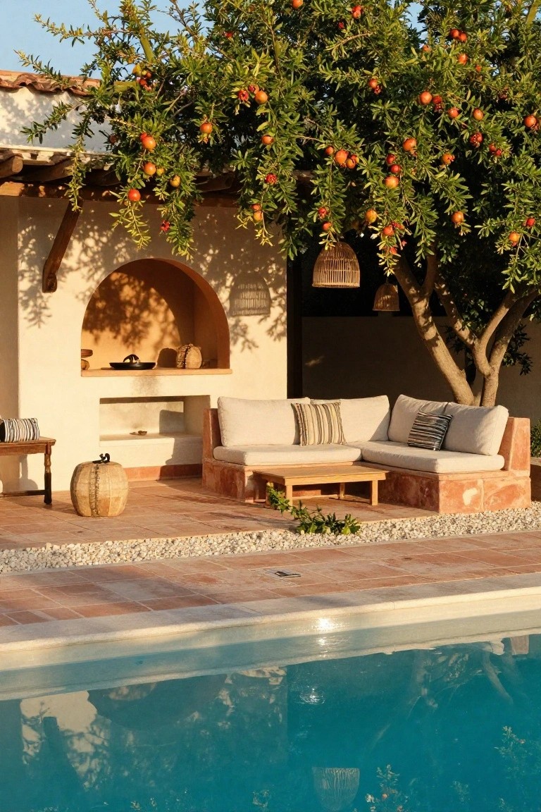 Terracotta built-in bench seating with white cushions and striped pillows under a pomegranate tree by a turquoise pool, with a low wooden table and woven lanterns nearby.