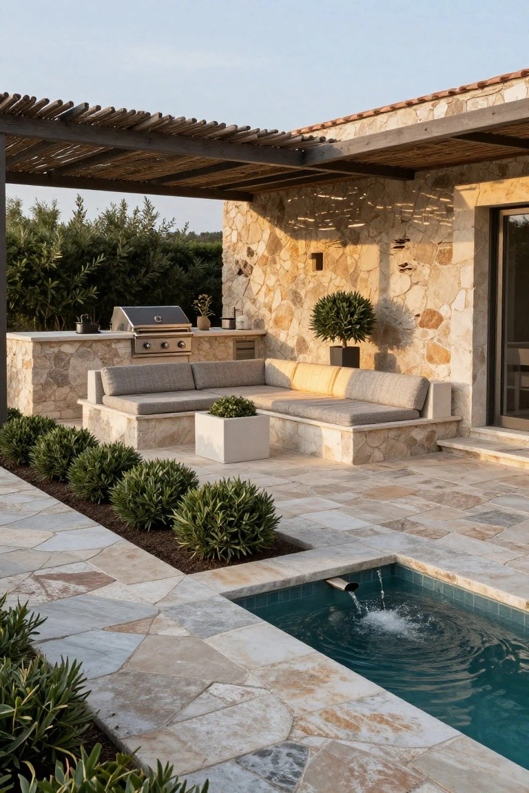 Stone-built outdoor kitchen counter with stainless steel grill next to L-shaped cushioned bench seating on a terrace with boxwood shrubs, tiled patio, small turquoise pool featuring a fountain, and wooden pergola beside textured stone wall.