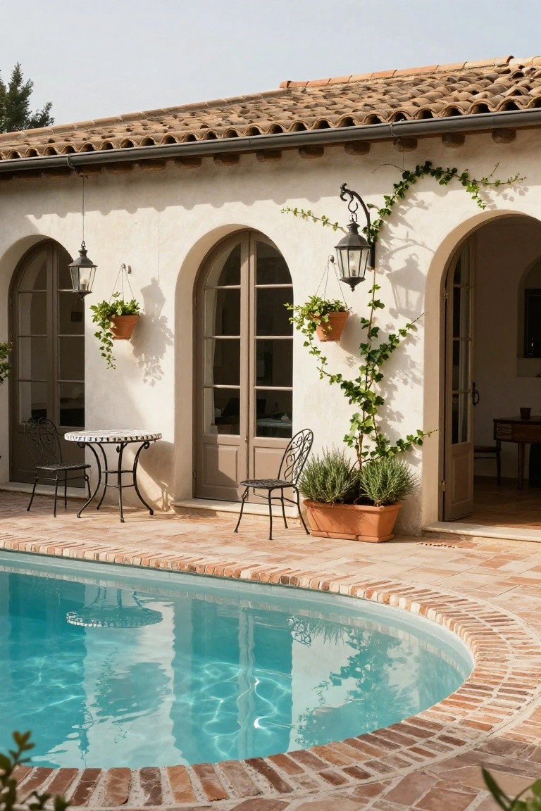 White stucco house exterior with arched doorways and hanging lanterns opening onto a brick-tiled terrace with a small round table, two wrought-iron chairs, potted plants, ivy on walls, and a curved turquoise pool edged in brick pavers.