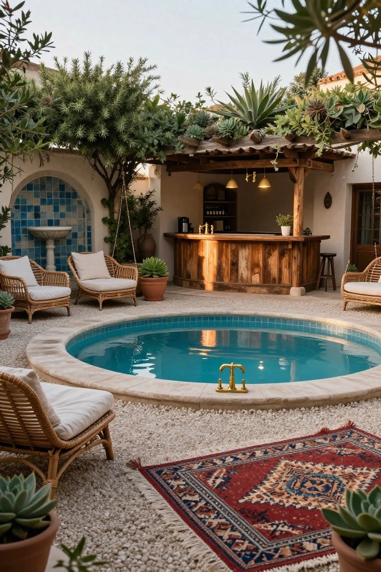 A circular turquoise pool in a gravel courtyard with rattan lounge chairs, wooden bar counter, potted succulents, blue tiled fountain on white stucco wall, and overhead greenery.